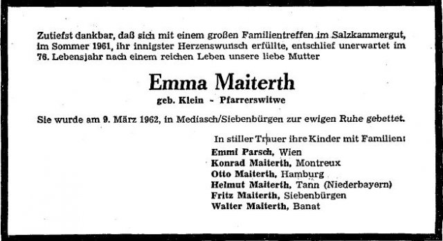 Klein Emma 1886-1962 Todesanzeige